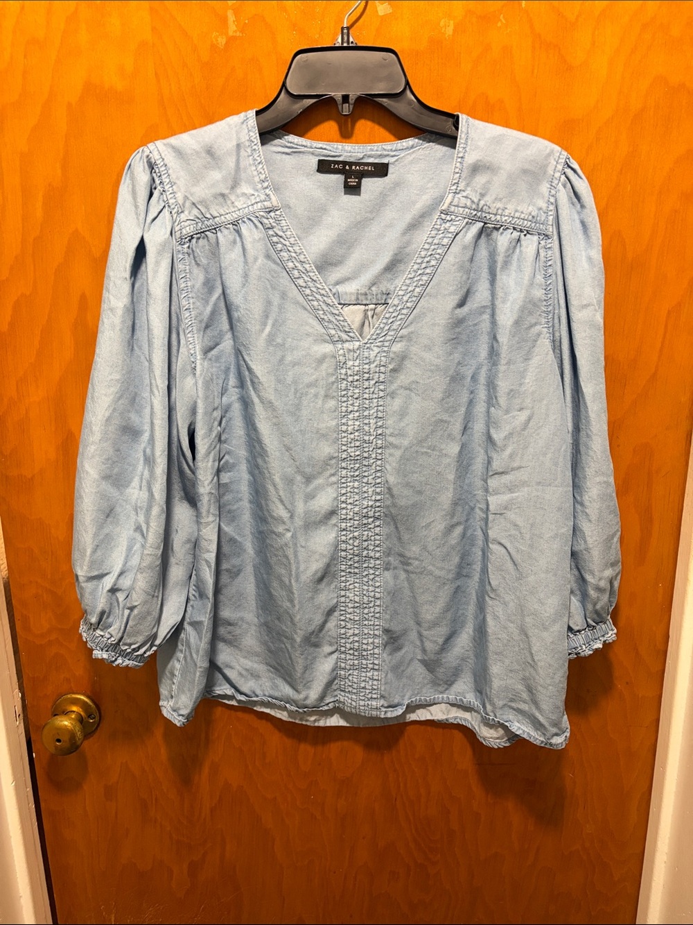 Zac & Rachel Light Denim V-Neck Peasant Top
